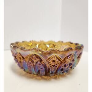 Vintage Marigold Carnival Glass Bowl Iridescent Moon & Stars Pattern Small Dish